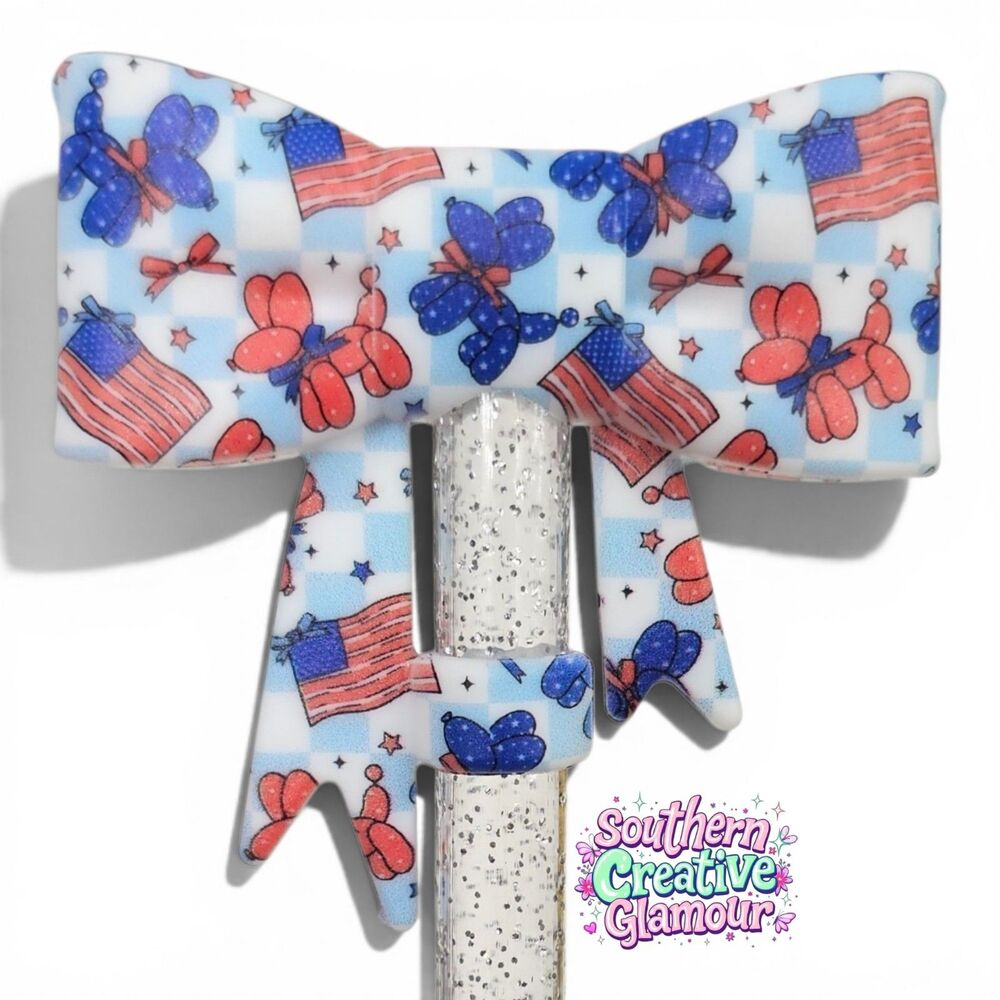 Patriotic Balloon Dog Bow Straw Topper | Bow Straw Cover | Fits 10mm Straws